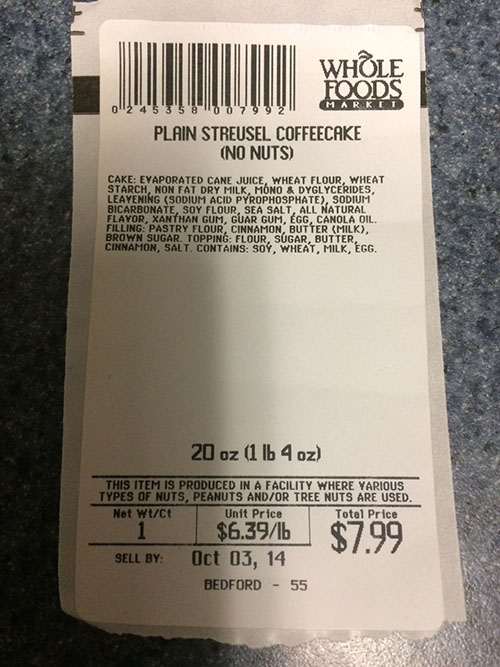 Whole Foods Market Bedford Recalls Streusel Coffee Cake Due To Undeclared Tree Nut Allergen